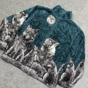 Vintage Mazmania Wolf Pack Moon Fleece Full Zip Jacket USA 90's Youth XL 14/16